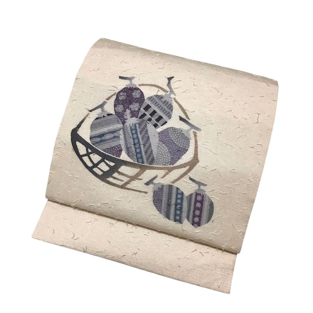 【名古屋帯】ひげ紬 作家物　実模様 カジュアル　白　ホワイト　アンティーク