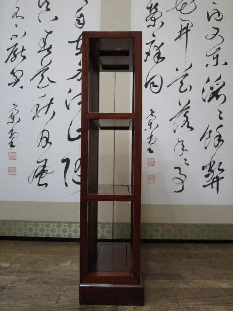 総唐木 花梨 無垢材 縦桟格子 3段 民芸 書棚/本棚/ブックシェルフ/飾り棚