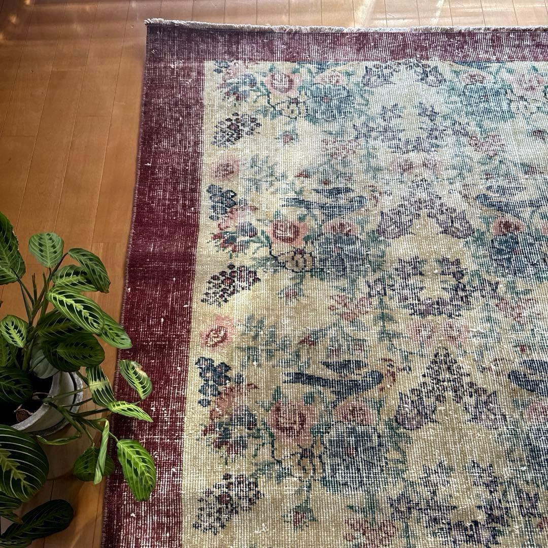 貴重116×190幸せの青い鳥　birdラグボタニカル　トルコヴィンテージラグ