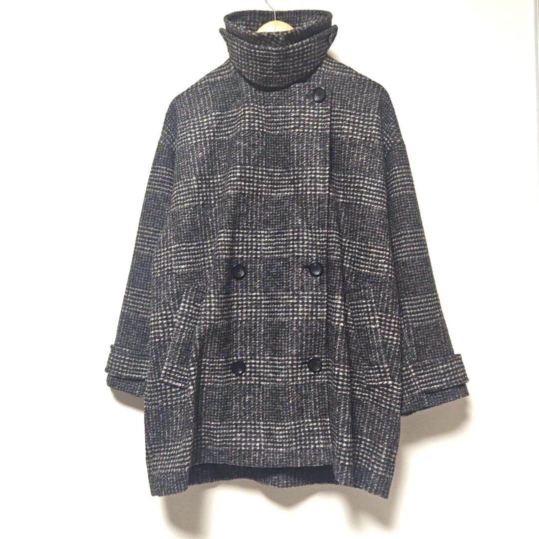 24AW スピックアンドスパン Wスライバーチェックハーフコート 36 黒グレー