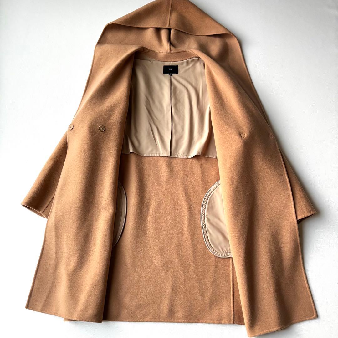 【大きいサイズ】23区　ウールリバー フード付き ミドル丈コート　キャメル　46