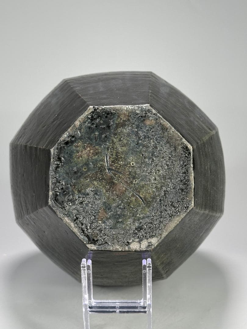 日本美術　矢野直人　黒唐津　花生　面取壺　美品　共箱　共布　本物保証