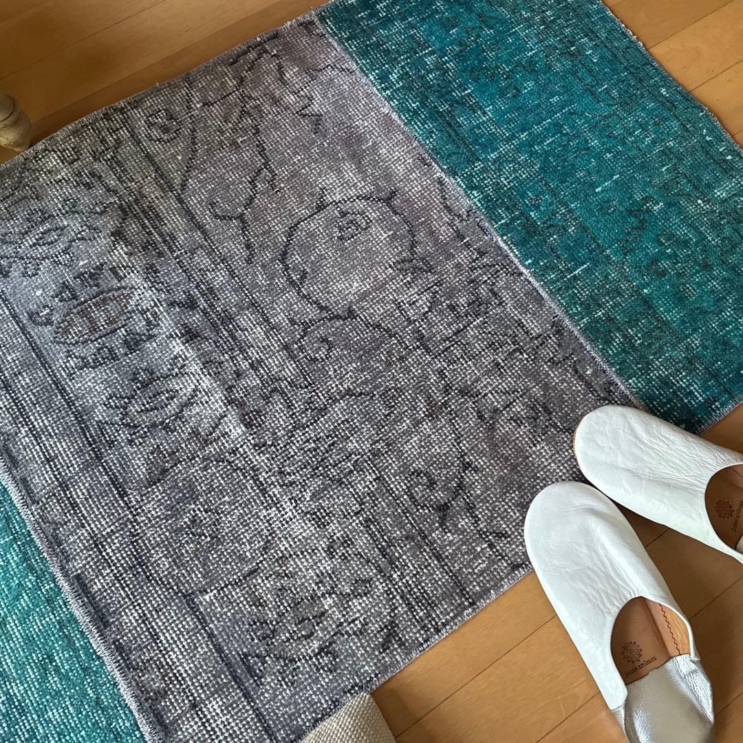 67.5×119パッチワーク　ブルーグリーン×グレイ　トルコヴィンテージラグ