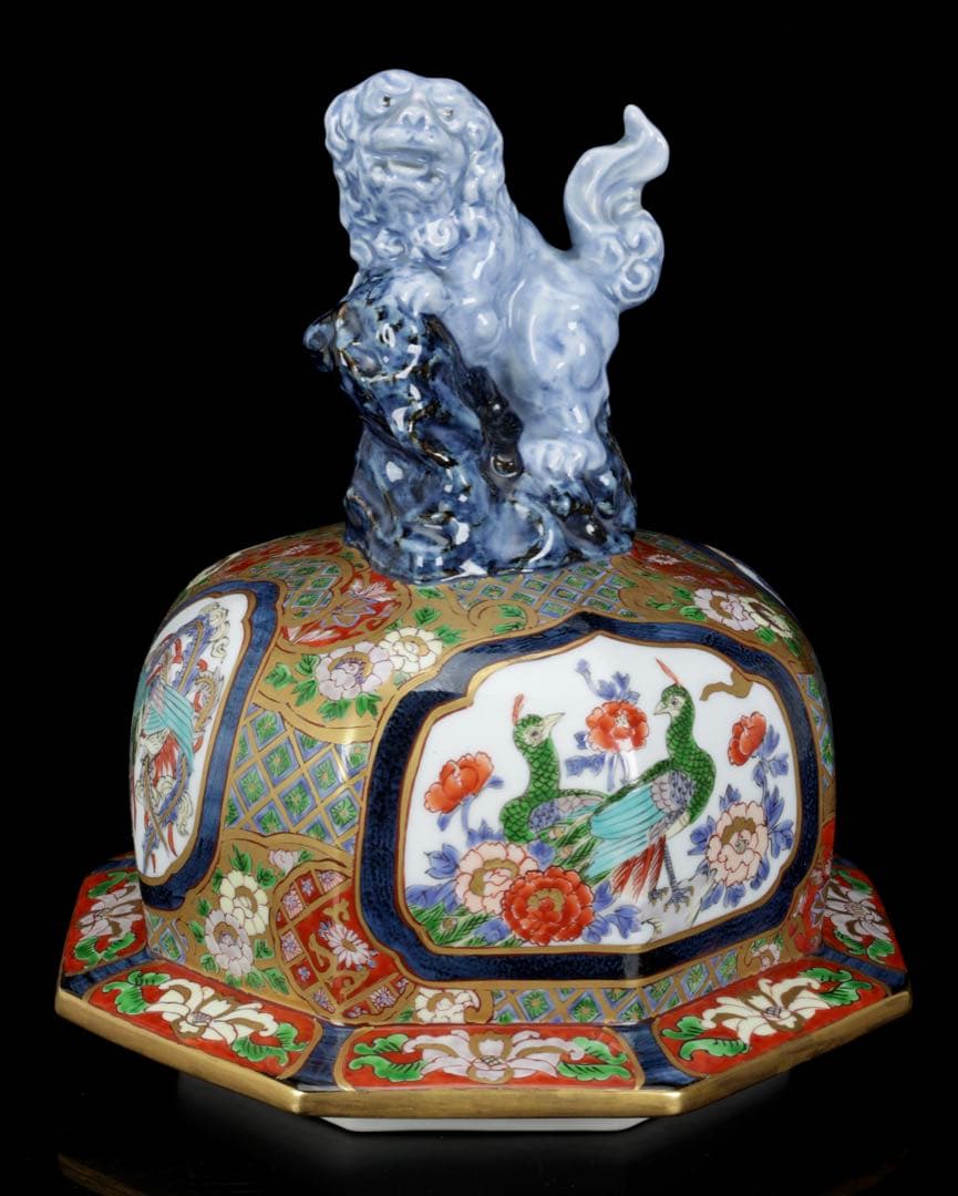 s*a様 有田焼 朱明窯 藤井朱明 染錦金彩獅子蓋孔雀図沈香壺 三段飾壺 特大9