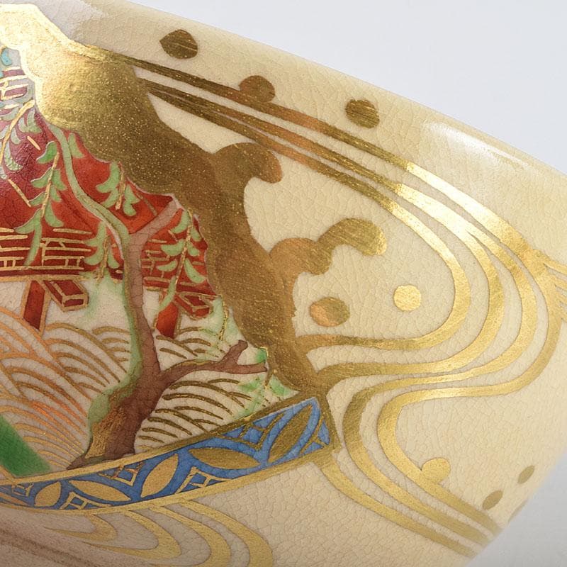 茶道具　京焼　森里陶楽造　色絵金彩　扇流絵　茶碗　共箱　C　8905