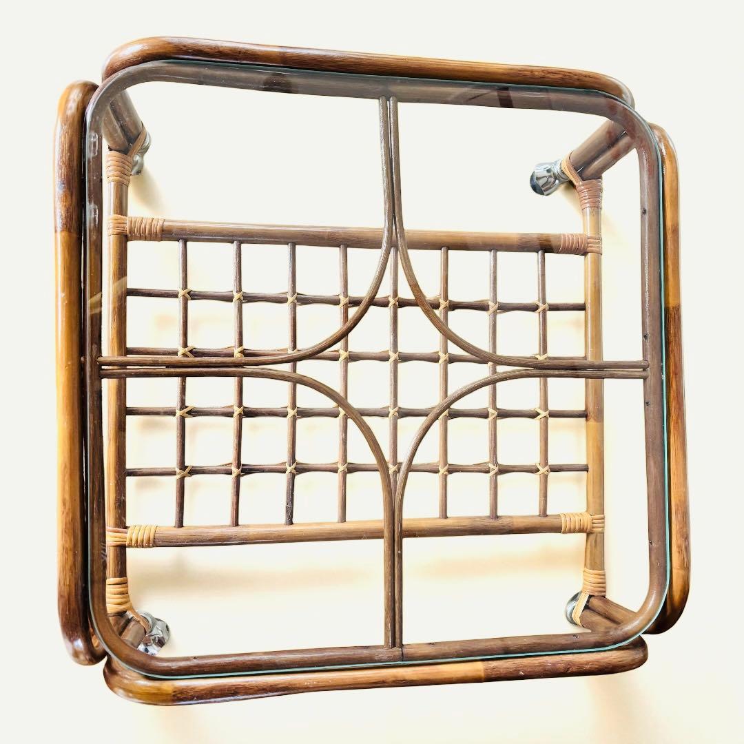 ラタン ローテーブル ガラス天板 キャスター付き ヴィンテージ