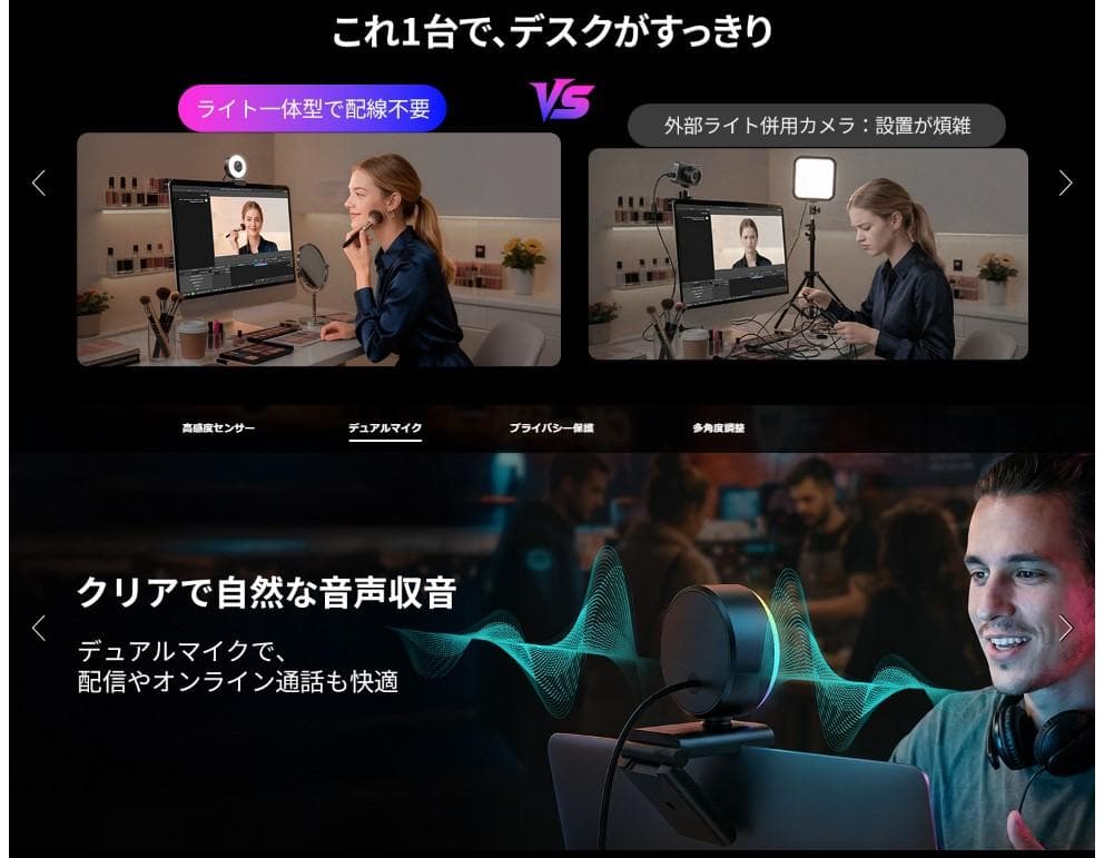 【EMEET】S600L 4K Webカメラ リングライト一体型 自動露出