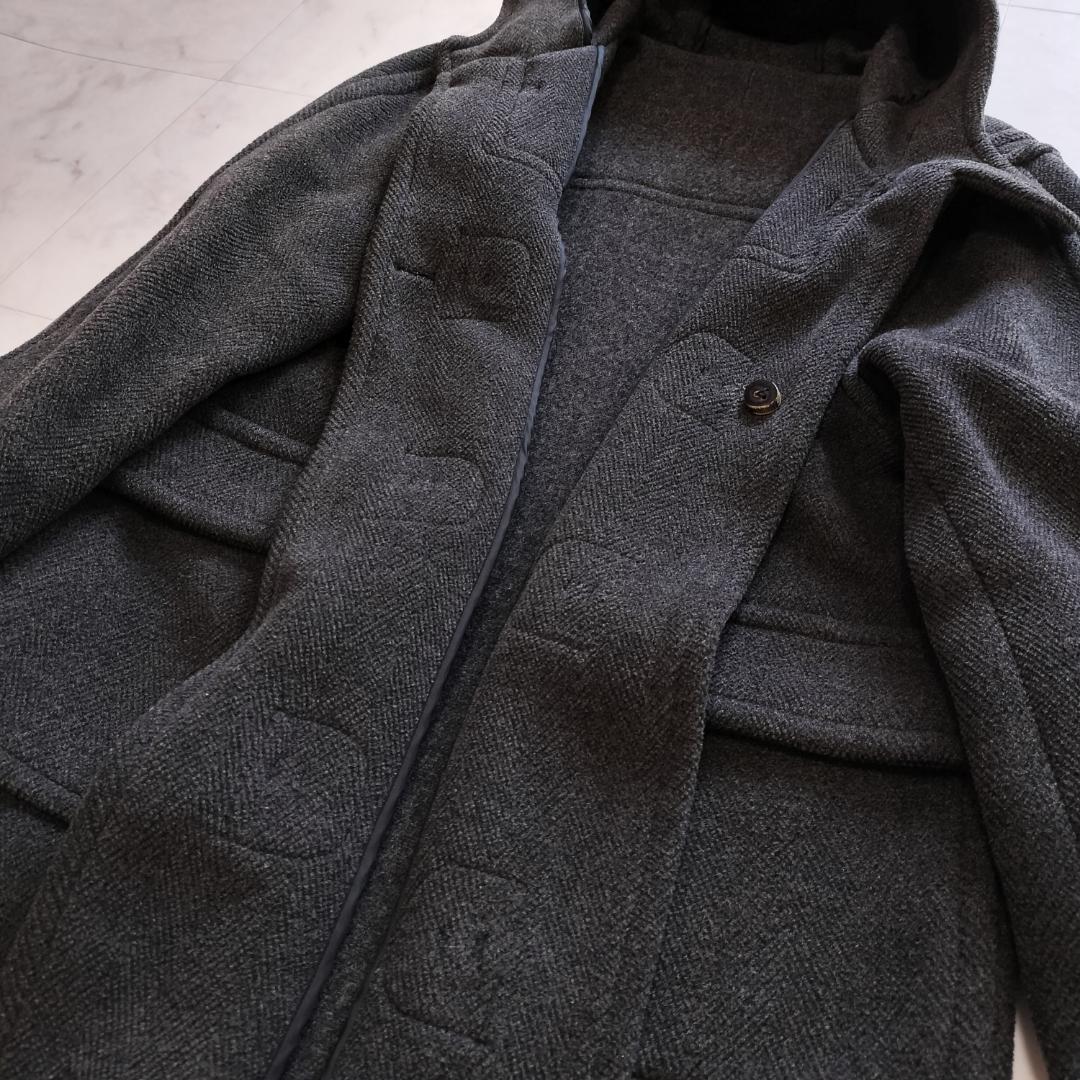 希少 moorbrook生地 ウールヘリンボーンダッフルコート チャコールグレー