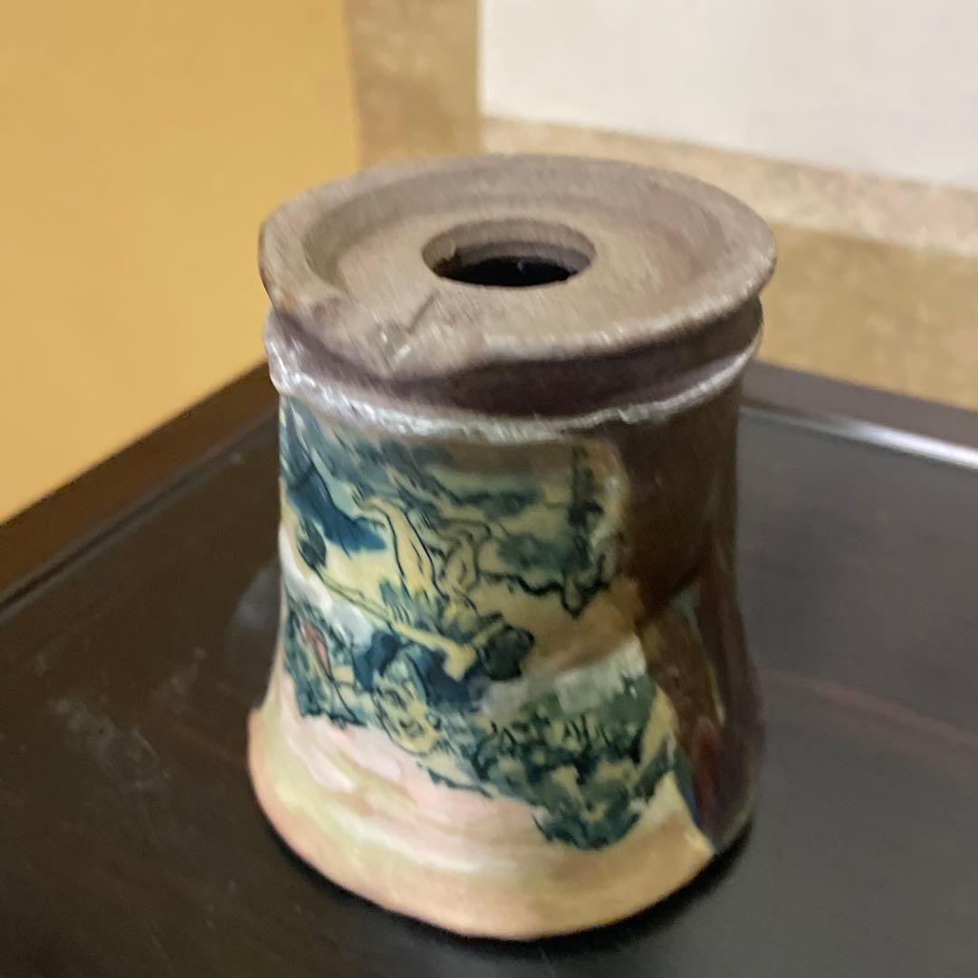 【中古】盆栽鉢 陶翠 小型 直径(約)8.5cm 丸鉢 色絵 春景 山水図 手描