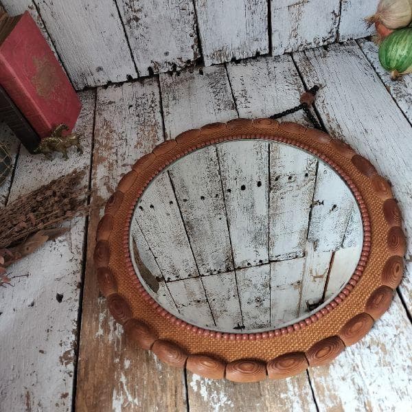 70-80s ヴィンテージ ラウンド ウッド フレーム ウォールミラー 壁掛け鏡