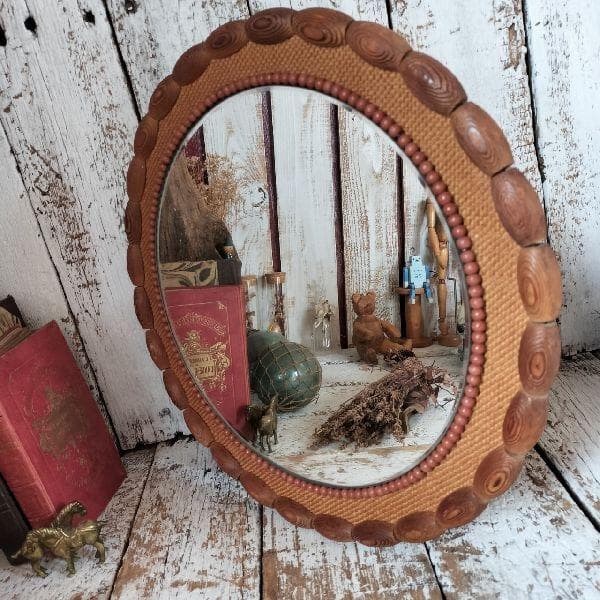 70-80s ヴィンテージ ラウンド ウッド フレーム ウォールミラー 壁掛け鏡