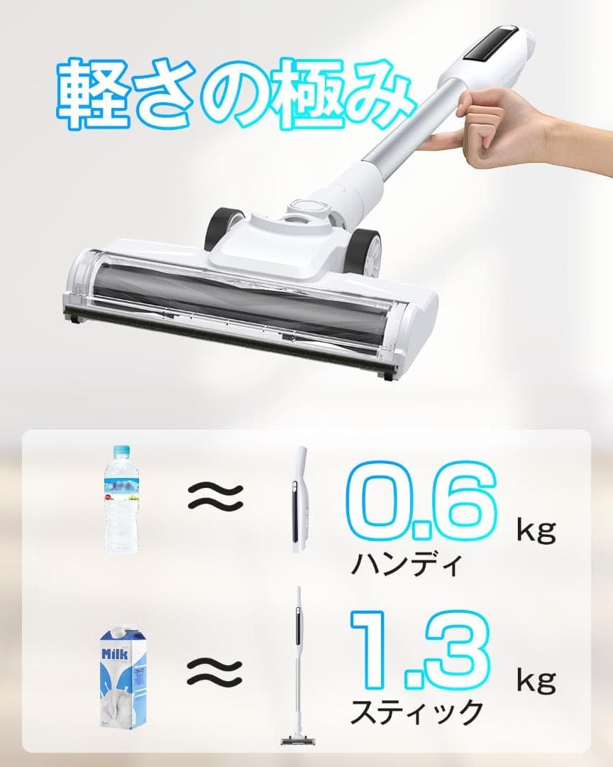 55KPa超強力吸引&自立式&LEDライト付き&超軽量 スティック クリーナー