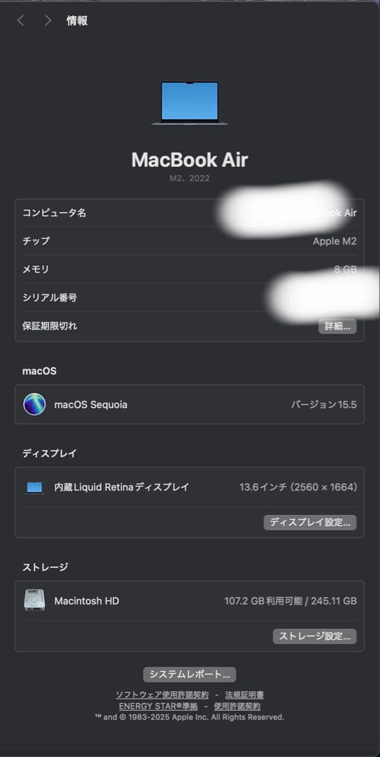 Apple MacBook air m2チップ　バッテリー95%