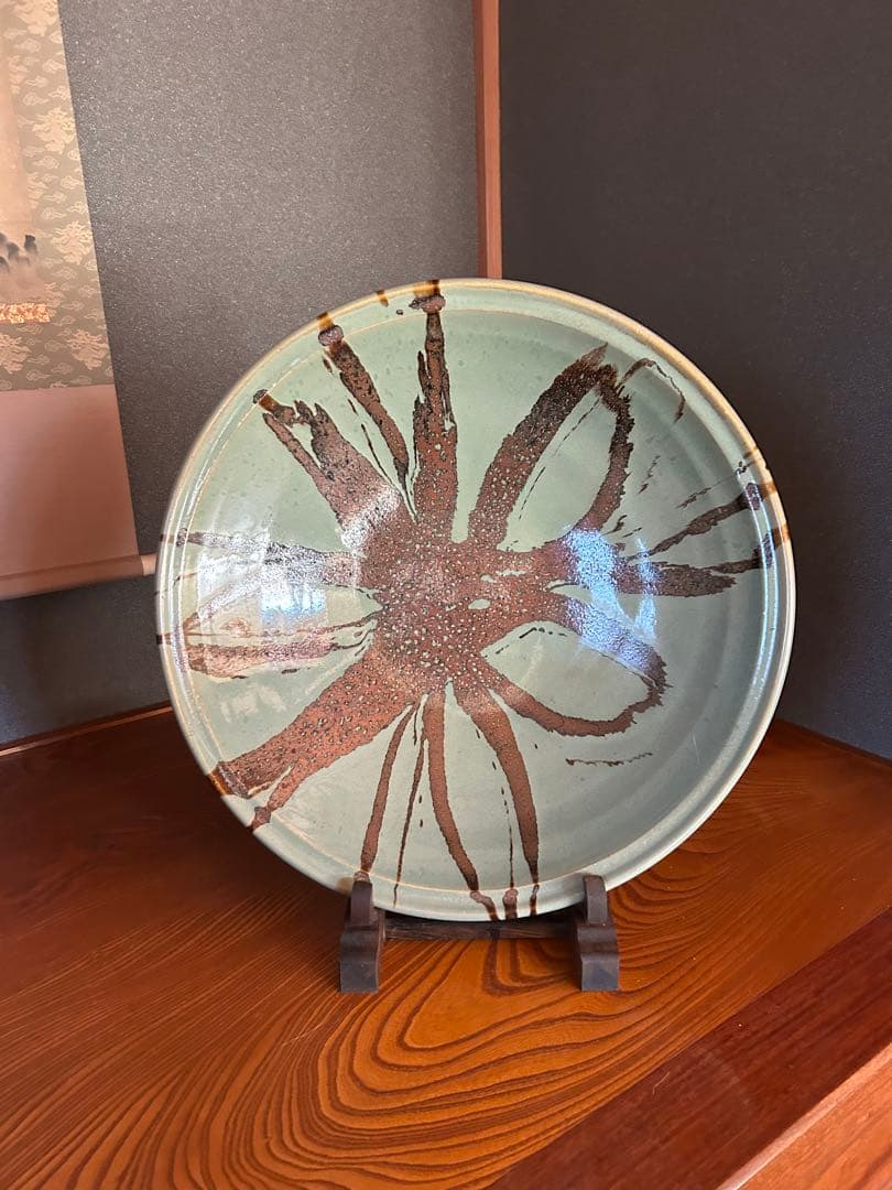 【一点モノ‼️】最高級　青柿流皿　大皿　飾り皿　インテリア　和室 花模様 絵皿