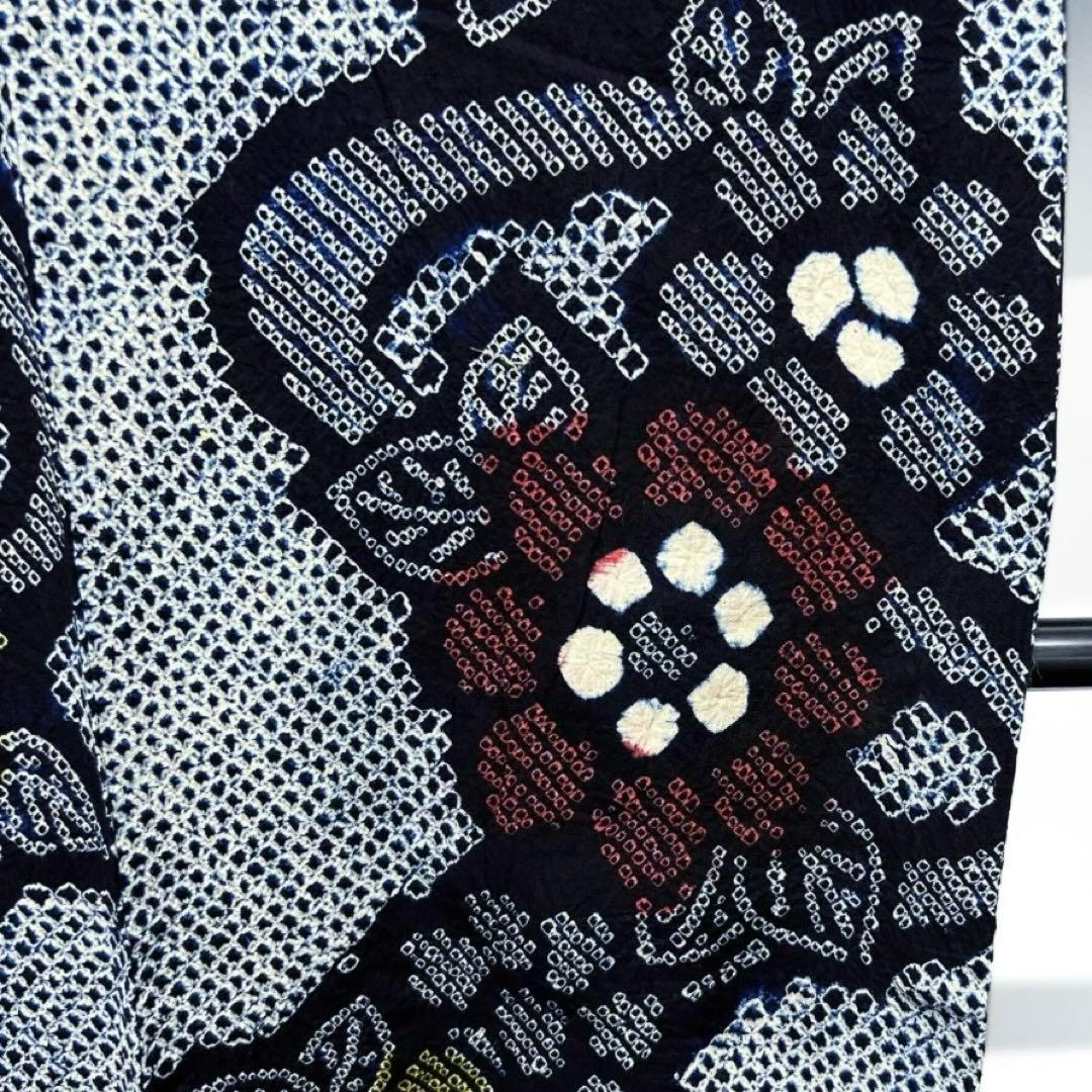 浴衣　有松鳴海絞り　流水　花模様　ネイビー系　着物　043w d