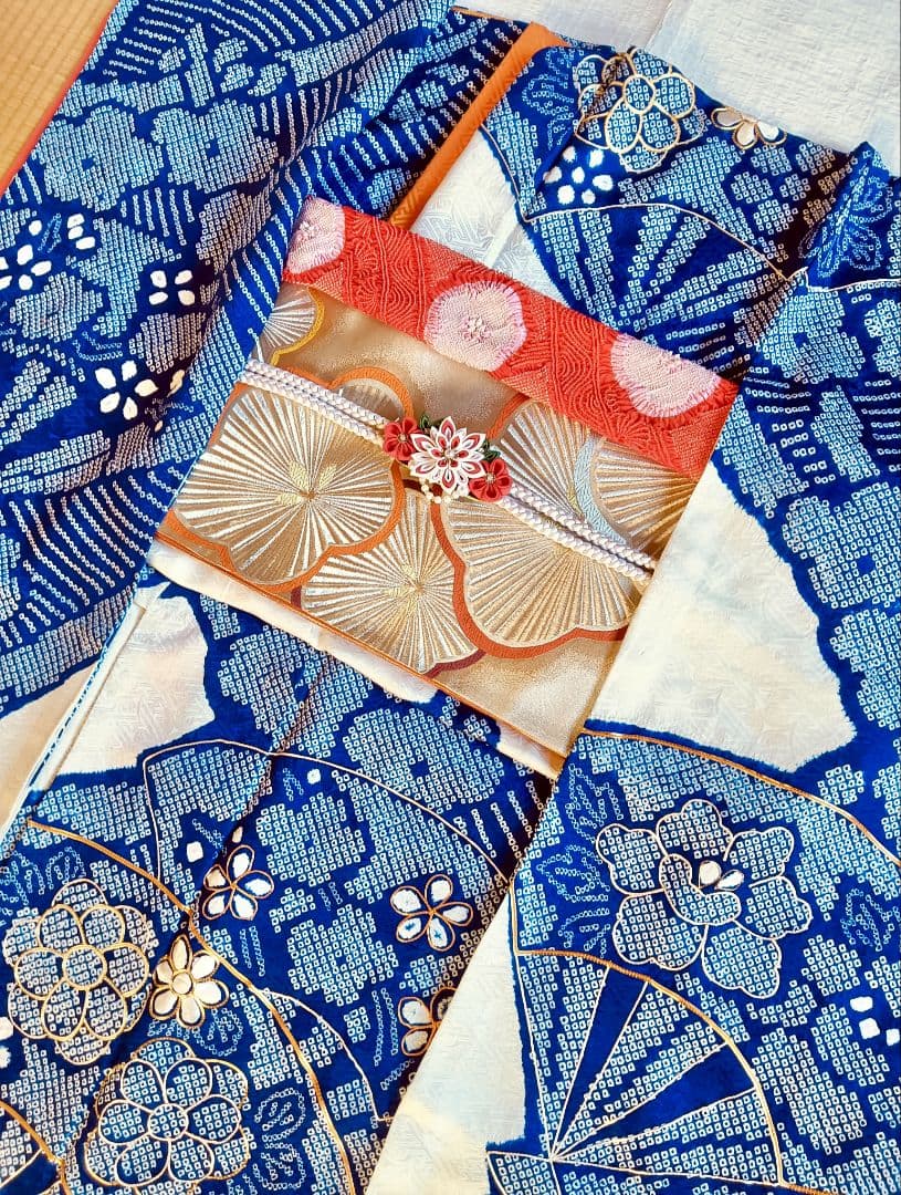 レトロモダン トールサイズ　振袖フルセット　絞り　青　丈166 裄69　美品