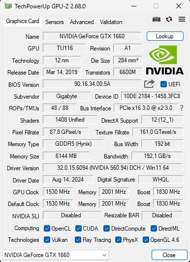 GIGABYTE GEFORCE GTX 1660 OC 6G 動作確認済