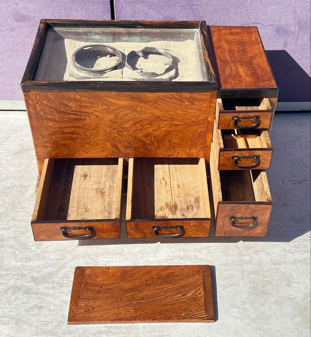 木製火鉢 引き出し付き ガラス蓋