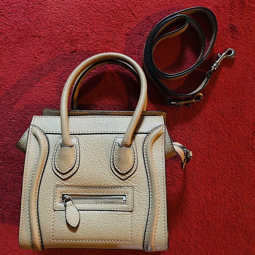 グレー レザー ハンドバッグ ショルダー付 ラゲージナノ ショッパー ベージュ