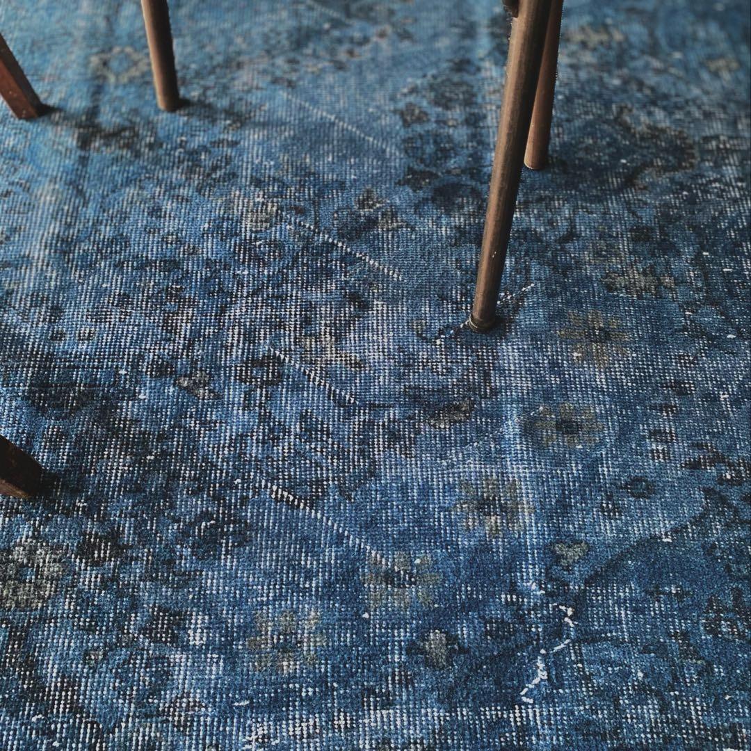 超大判くすみブルー　ヴィンテージラグ　トルコラグ　オーバーダイ