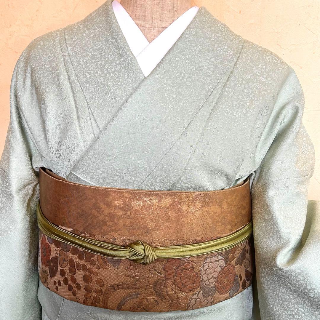 【トールサイズ】正絹 色無地 裏葉柳色 草花地紋 紋無し 袷着物 ③