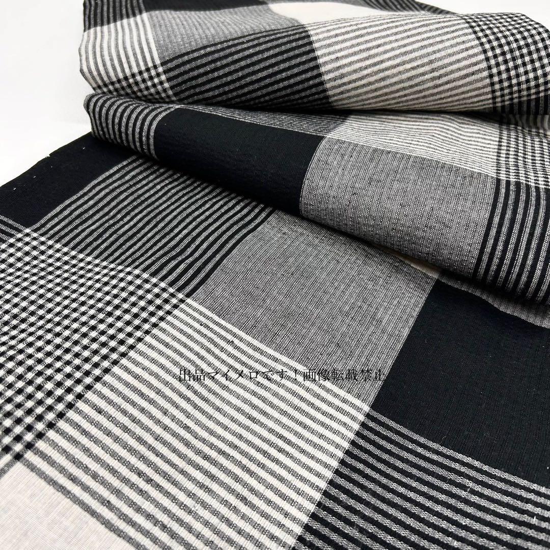 浴衣　綿麻　先染め ブロックチェック 黒　グレー　格子 2点　0531⑫
