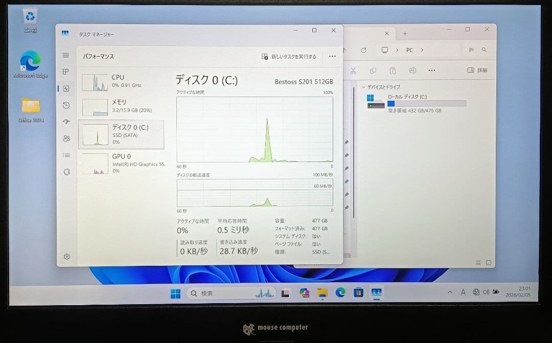 mouse Corei7 メモリ16GB 新品SSD512GB Webカメラ