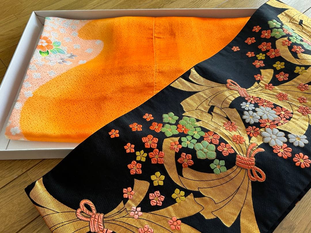 七五三　７歳　着物帯セット　朱色系　レトロ